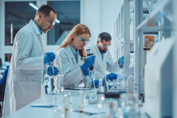 Team of engineers brainstorming innovative ideas in a modern lab. Team of engineers brainstorming innovative ideas in a modern lab.